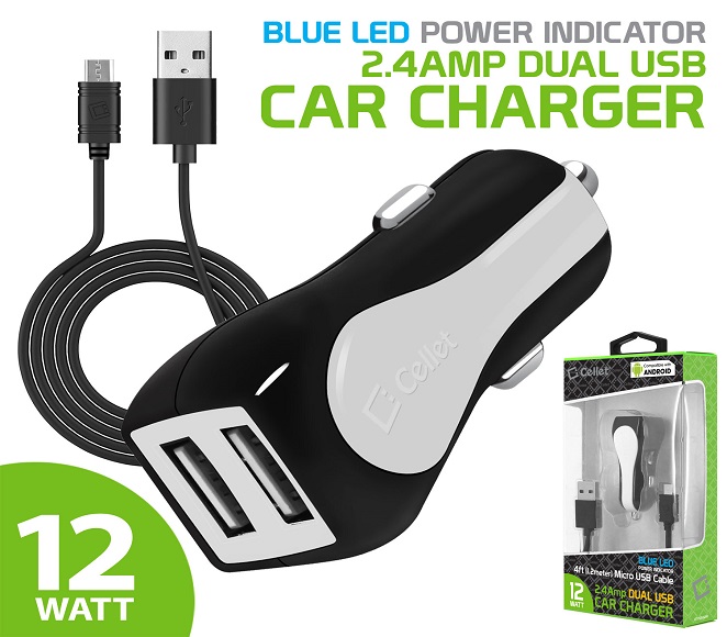 CAR CHARGER WITH MICRO USB DATA CABLE CELLET (BLACK/WHITE)